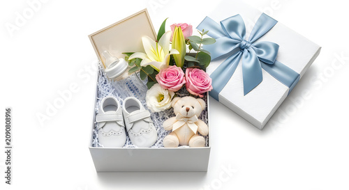 New baby gift box with flowers shoes and teddy bear arrangement