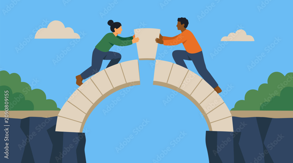 Fototapeta premium Two colleagues place the final keystone into an arch bridge over a gap, symbolic teamwork and collaboration vector illustration about trust, partnership, problem solving, leadership and achievement