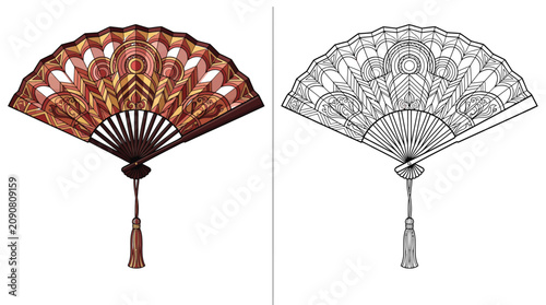 Detailed folding fan with intricate geometric patterns featuring vibrant red and warm gold color tones