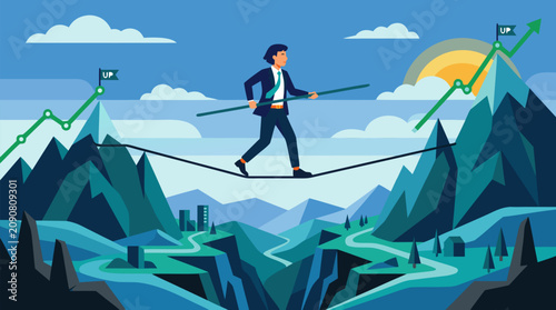 Investor balancing on tightrope between rising market peaks vector illustration, confident business risk management, stock charts, mountain valleys, growth arrows and strategic financial success