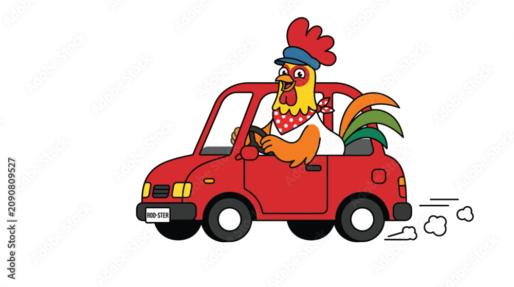 Fototapeta premium A cheerful cartoon rooster wearing a hat and bandana driving a bright red compact car