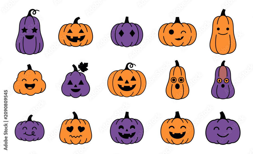 Fototapeta premium Set of cute pixel art pumpkins with different funny faces for halloween holiday design