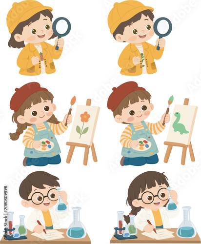 Cute Kids Learning and Creative Activities Bundle – Boy and Girl Exploring, Painting, and Science Flat Cartoon Illustration Set