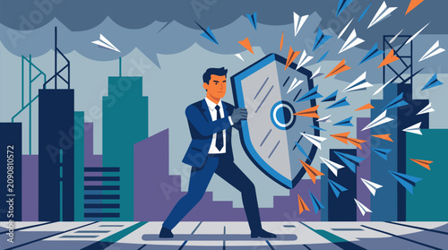 Determined executive raises a protective shield against a storm of paper darts over a city skyline, illustrating risk management, resilience, crisis defense, cybersecurity, and corporate protection