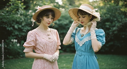 Two women wearing elegant nineteenth-century dresses in a garden, showcasing timeless vintage fashion and refinement