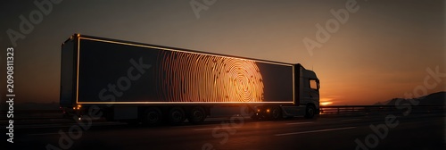 Semi truck driving on highway at sunset featuring glowing fingerprint pattern on trailer side representing secure logistics tracking and modern digital supply chain