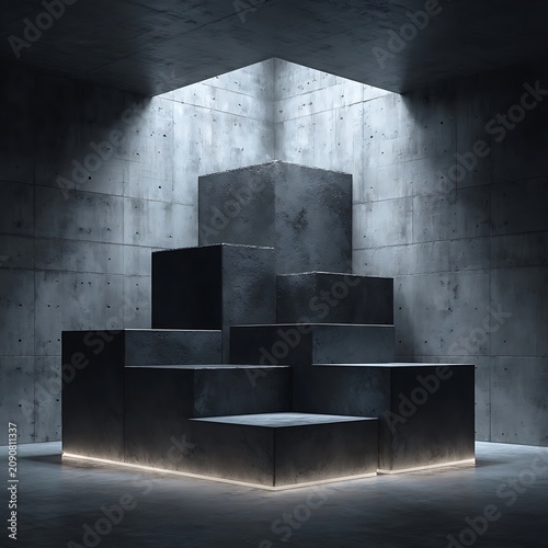 Minimalist concrete display pedestal with stacked cubic blocks and dramatic overhead lighting in a modern industrial room for product presentation and luxury branding