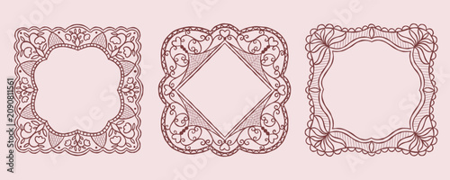 Vintage lace whimsical floral vector square frames set. Decorative elegant retro coquette romantic wedding borders