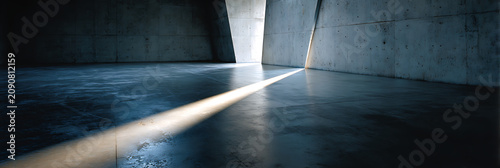 Minimalist concrete interior architecture featuring sharp geometric shadows and bright natural light streaming through a narrow opening in a stark industrial building space