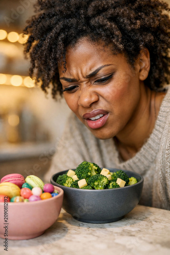 Black Woman Choosing Between Broccoli and Macarons – Diet Temptation, Healthy Eating and Nutrition Concept Illustration