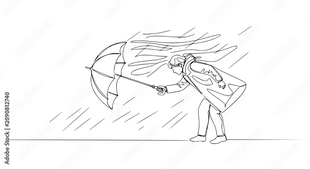 Obraz premium Person battling strong wind and rain with umbrella, continuous line drawing style