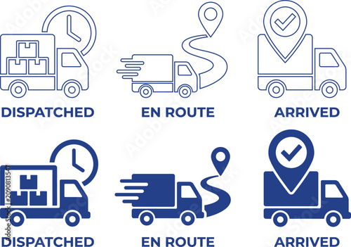 Foto Delivery truck tracking status icons bundle showing dispatched en route and arri