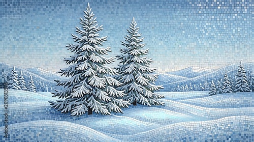 Mosaic tile of two snow-covered pine trees in a winter landscape with rolling snowy hills