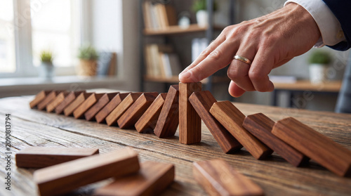 Business Risk Management Concept with Hand Preventing Wooden Domino Chain Reaction