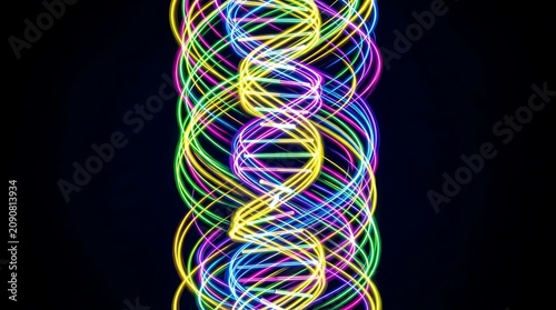 Multi-colored neon dna double helix structure glowing against a deep black background