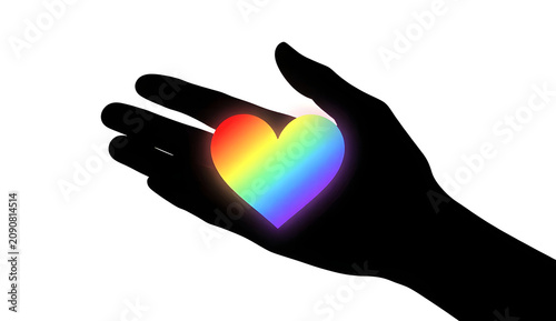 Silhouette of a hand holding a glowing rainbow colored heart on a clean white background, LGBTQ pride concept, generative AI