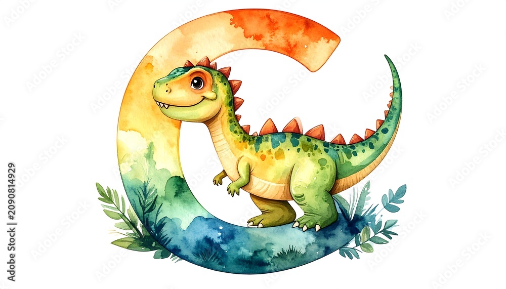 Fototapeta premium A vibrant watercolor illustration featuring a friendly dinosaur standing within the letter 