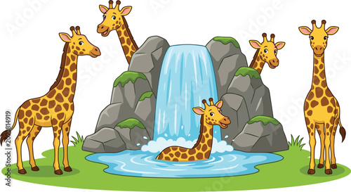 Canvas Print Cute cartoon giraffes playing by the waterfall scene vector illustration set for