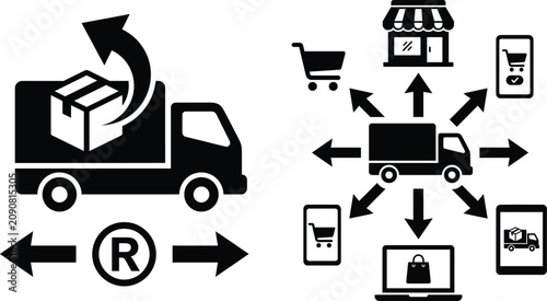 Tableau sur toile Omnichannel delivery truck vector icon with return package arrow and multi platf