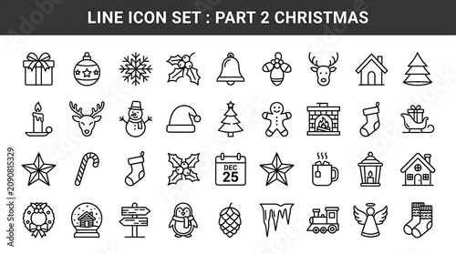 Set of christmas and winter holiday themed line black outlines on white background