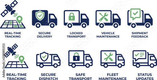 Logistics service delivery truck fleet management icons including real-time tracking and secure transport