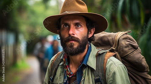 Bearded explorer wearing safari gear and hat hiking through a lush forest