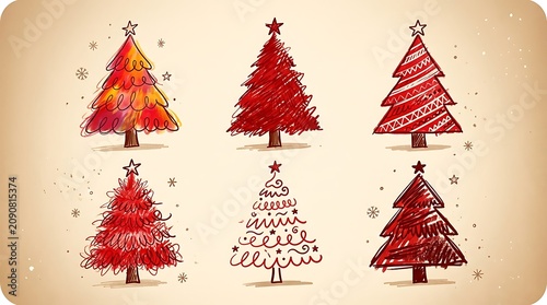 Set of six hand-drawn christmas trees in red and orange tones on a beige background