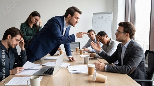 Angry boss scolding frustrated employees during a stressful office meeting