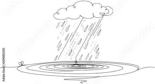 Obraz na płótnie Minimalist Line Art: Rain Cloud Dripping Water into Rippling Puddle