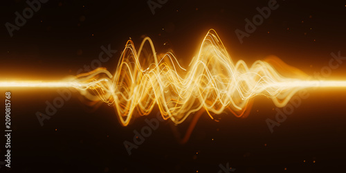 Φωτογραφία Golden oscillating light trail in abstract 3D quantum data visualization with magic particles