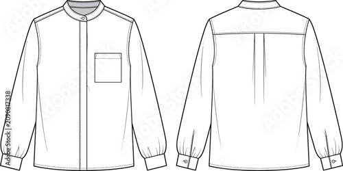 Photography Long Sleeve Band Collar Shirt Technical Flat Sketch with Chest Pocket and Center
