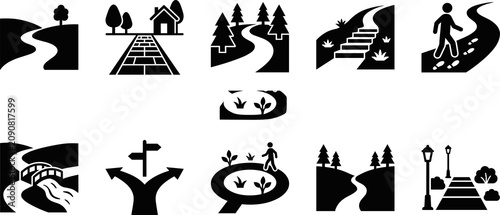 Path and walkway icons collection, hiking trail and garden road silhouette, travel and nature concept, black vector design set