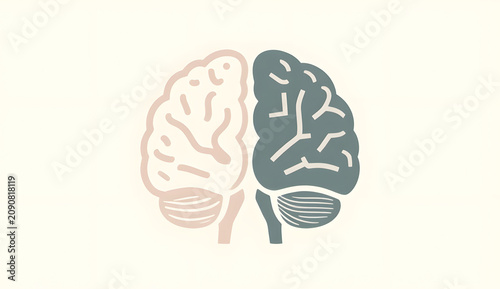 Minimalist abstract illustration of left and right human brain hemispheres on a light background, generative AI