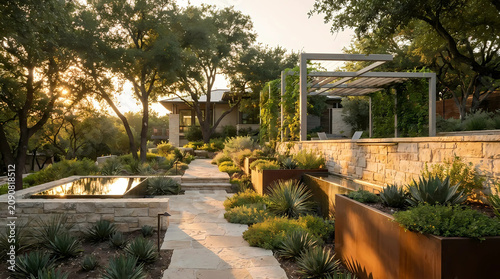 A serene garden oasis with a stone pathway and lush greenery at sunset