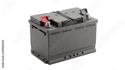 Automotive lead acid battery featuring a solid dark grey plastic casing with metallic terminals and a protective red cap isolated against a clean white background in a high resolution render.