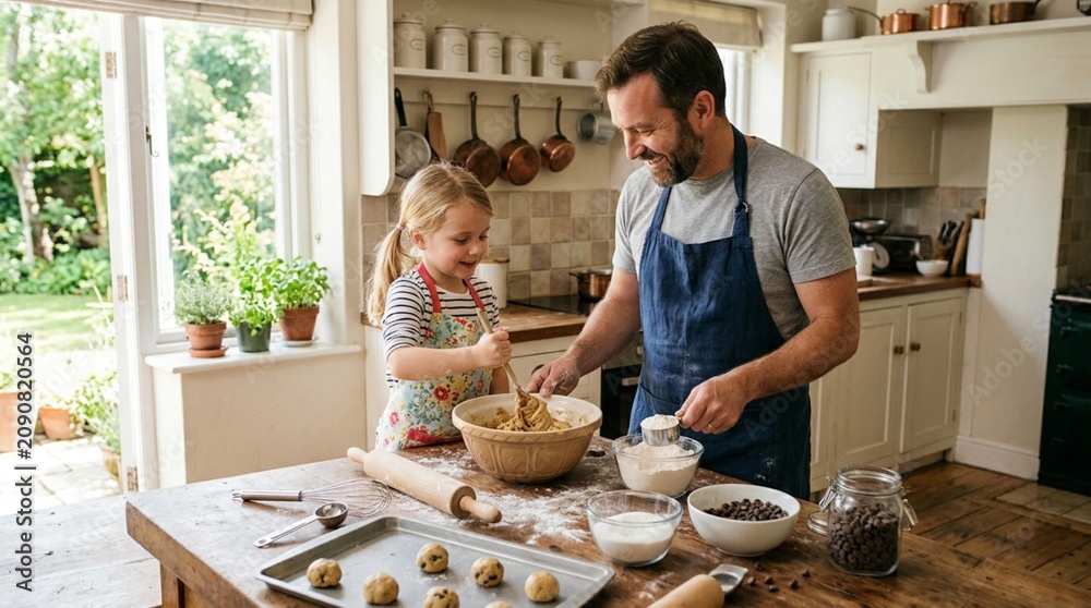Fototapeta premium Smiling father and young daughter baking chocolate chip cookies together in a bright country kitchen, mixing dough at a flour dusted table with warm family bonding and homemade dessert prep