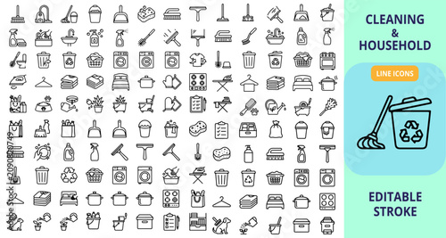 Tableau sur toile Set of cleaning and household line icons for domestic chores and maintenance wit