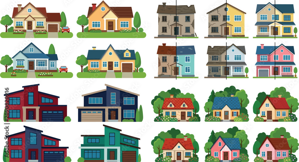 Fototapeta premium Modern residential house vector icon set showing home renovation before and after stages for real estate property development design