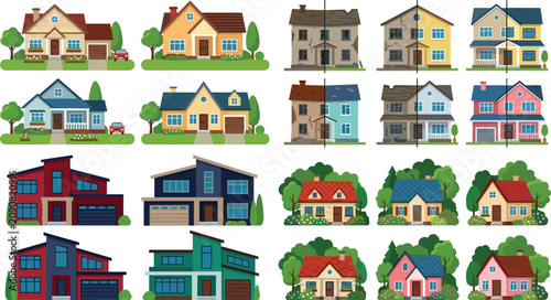 Modern residential house vector icon set showing home renovation before and after stages for real estate property development design