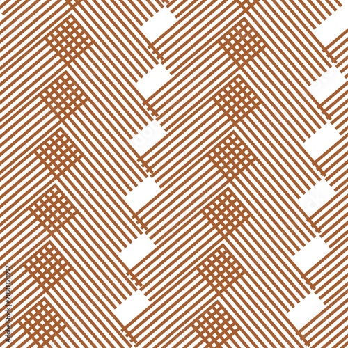 Abstract geometric pattern with brown diagonal stripes and white square accents