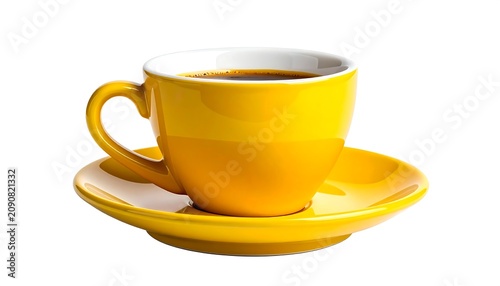 A vibrant yellow ceramic coffee cup filled with dark brew, sitting on a matching saucer against a clean white backdrop