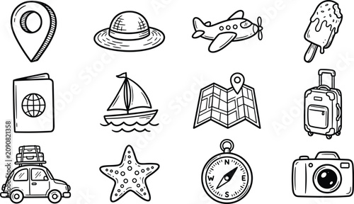 Travel and summer vacation doodle icon set with passport map camera airplane luggage and car