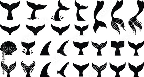 Принти на полотні Whale tail and mermaid silhouette vector set with marine animal flukes and seash