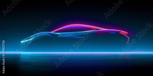 Futuristic sports car silhouette with neon glowing lines on a dark background