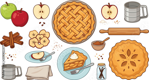 Apple pie baking vector set with fresh apples cinnamon slice rolling pin and kitchen ingredients