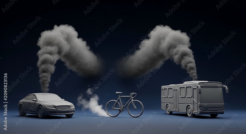 Obraz premium Gray rendered vehicles emitting plumes of smoke, juxtaposed with a bicycle