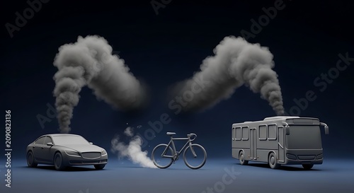 Gray rendered vehicles emitting plumes of smoke, juxtaposed with a bicycle