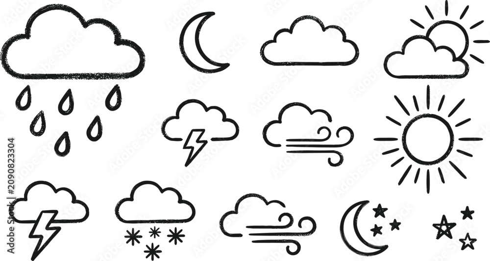 Obraz premium Hand drawn weather icon set with sun moon cloud rain snow lightning and wind vector