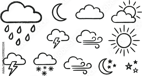 Hand drawn weather icon set with sun moon cloud rain snow lightning and wind vector