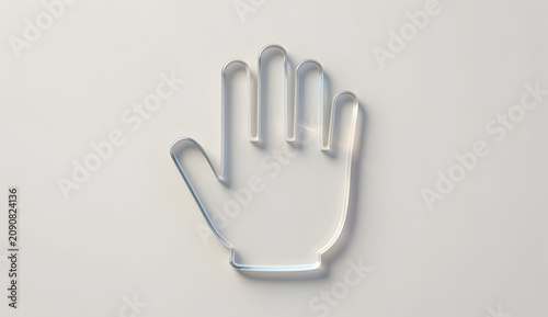 Minimalist 3D glass outline icon of a human open hand over a clean light background, generative AI